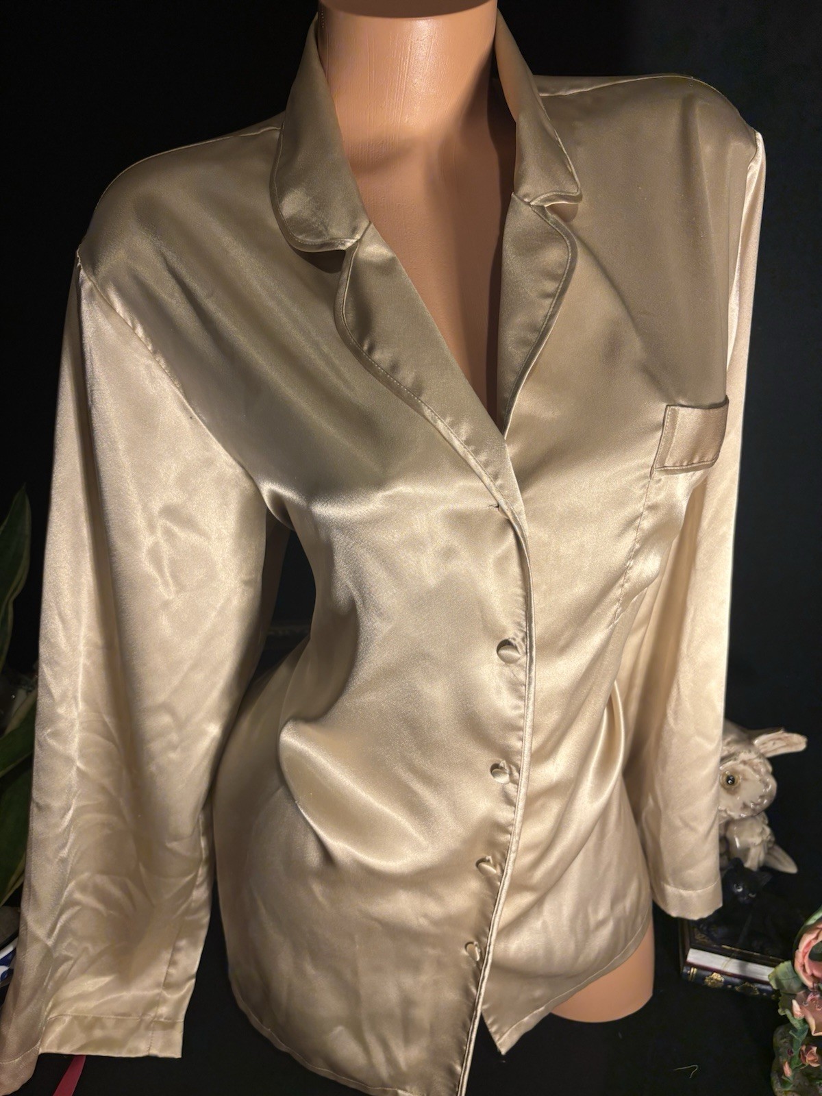 Vtg Satin Soft Gold Nightie button up VS Lounge blouse log
