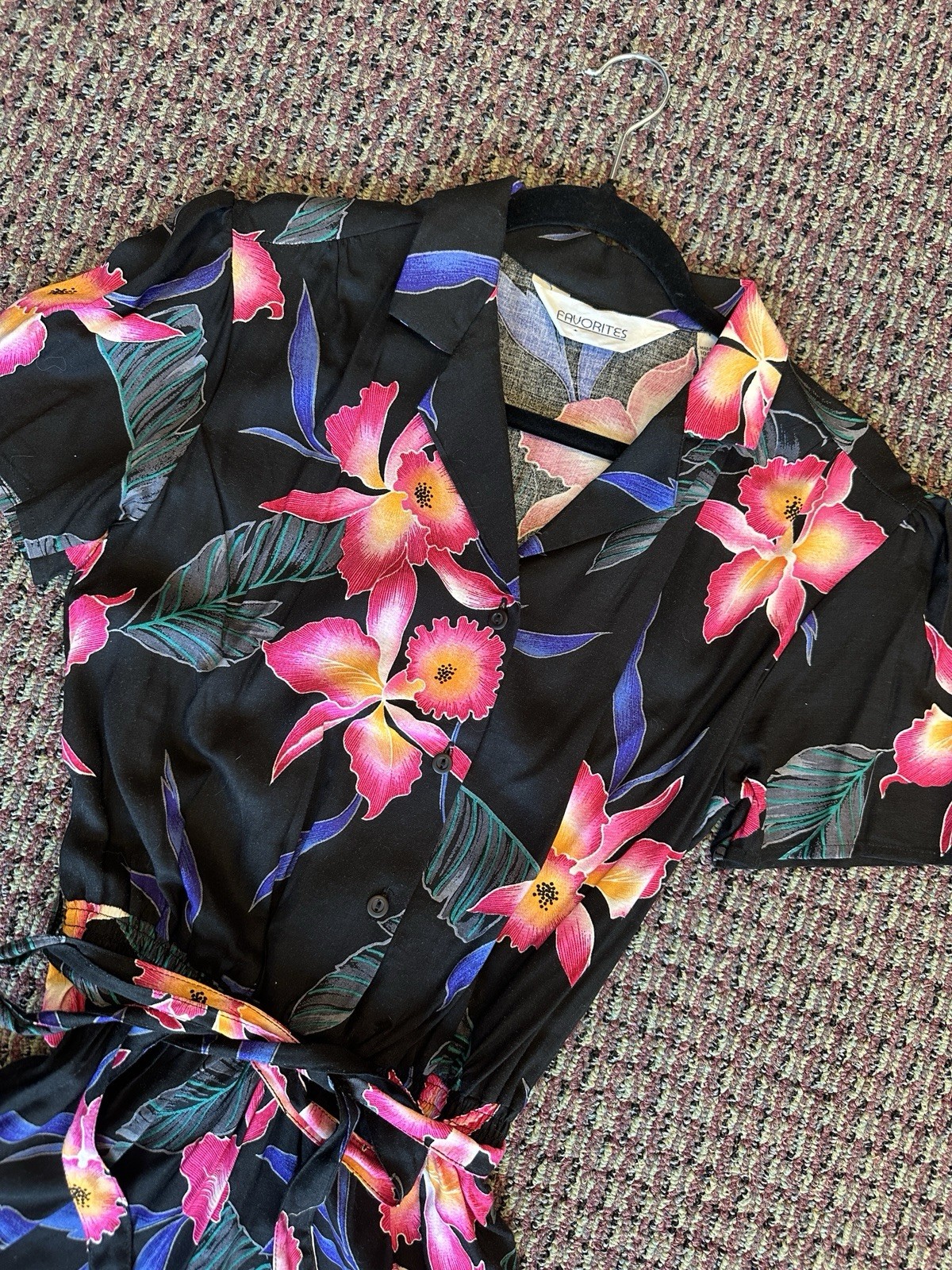 Vintage 80s Floral Print Romper Playsuit Black Tropical Print Stretchy S/M
