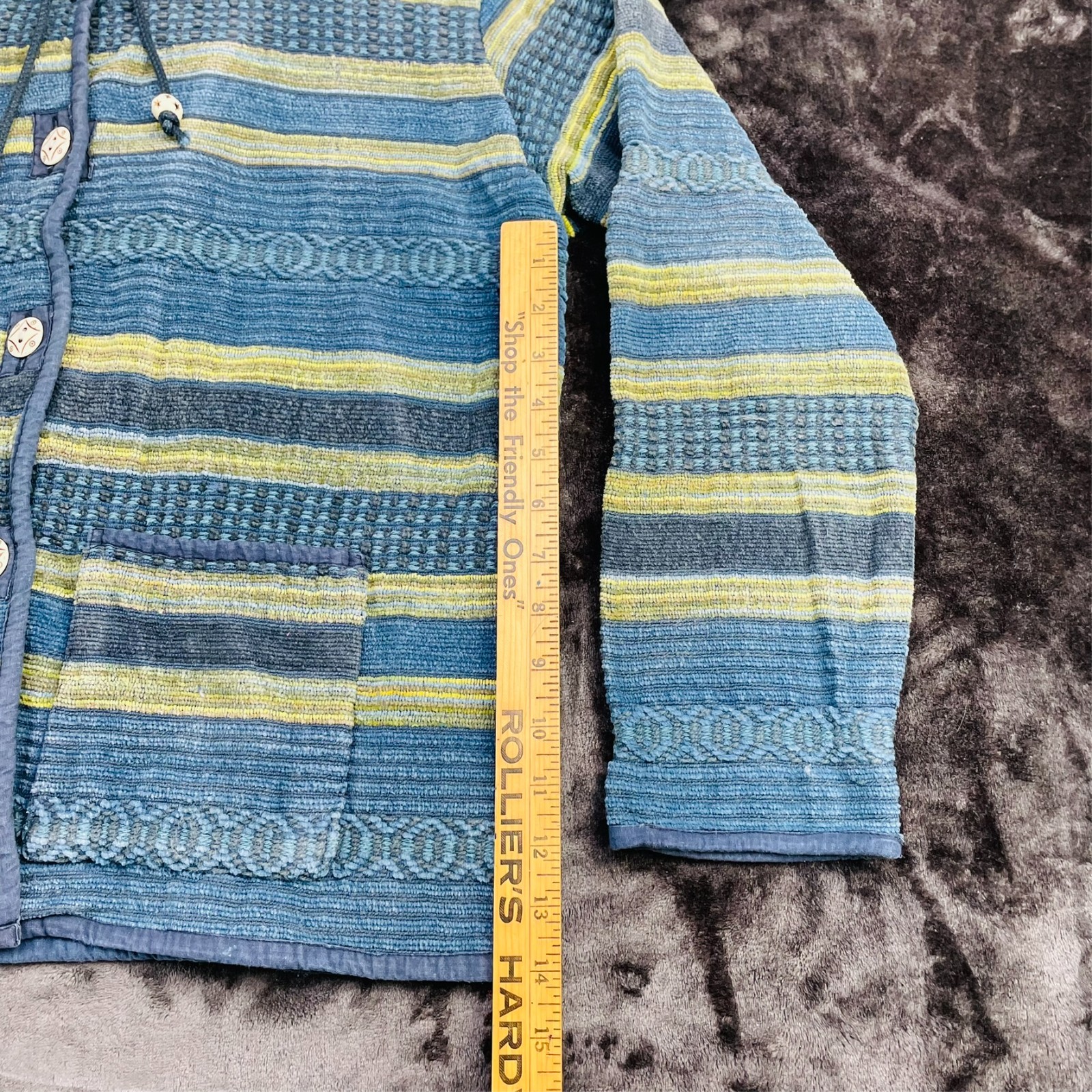 VTG 90s Flashback Woven Cotton Jacket Blue Yellow Striped Boho Button Cardigan
