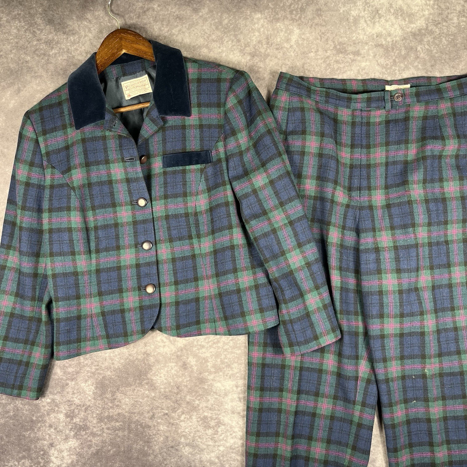 Vintage Pendleton Wool Plaid Suit Blazer Pants Set Green Blue Old Money