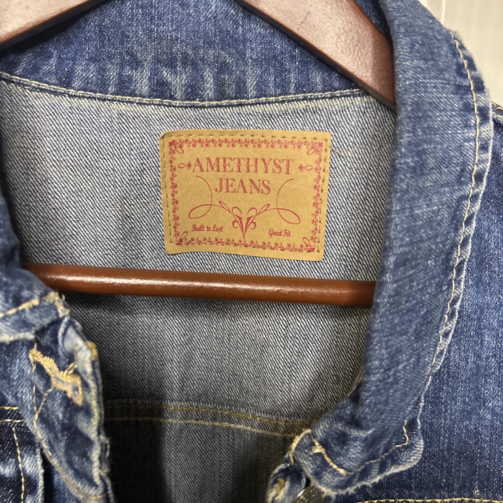 Amethyst Denim Distressed Jean Vest with White Crochet Accents Size Large