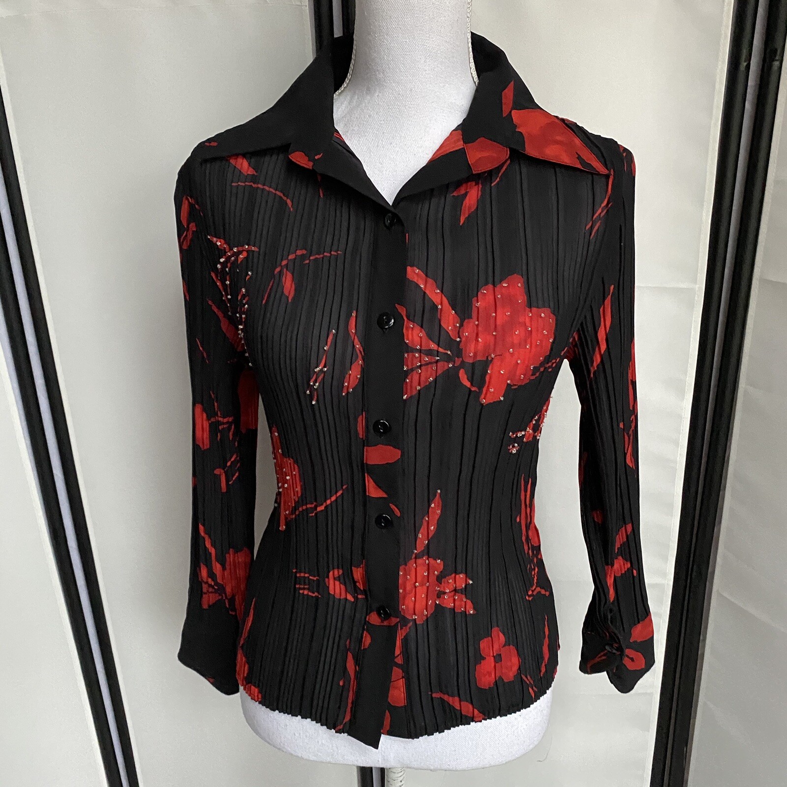 Patchington Vtg Womens Small See Through Top Black Red Button Up Shirt Floral E7