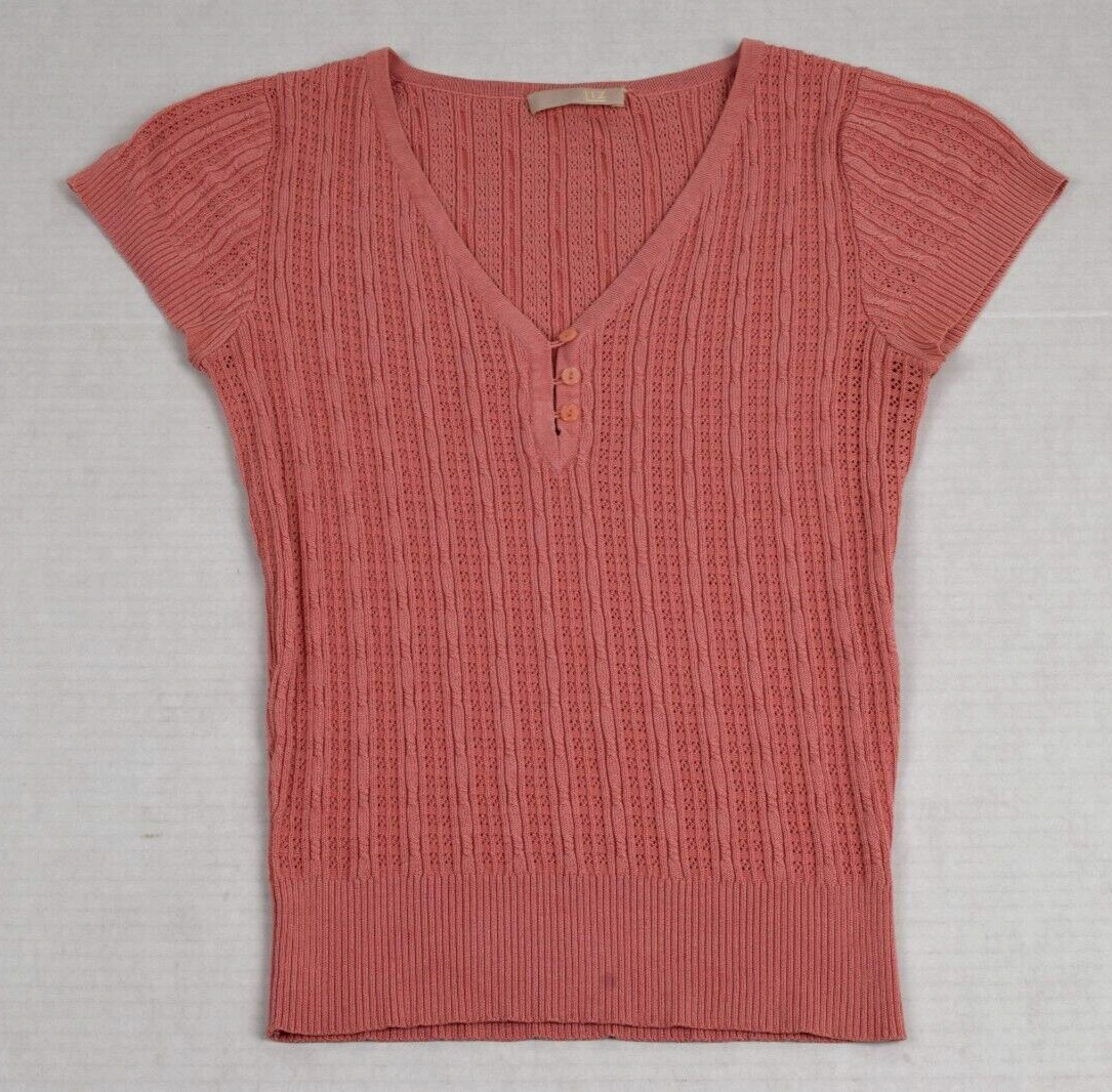 Vintage Knit Top Liz Size XS 90s Salmon Pink Silk Rayon Textured Henley Fitted