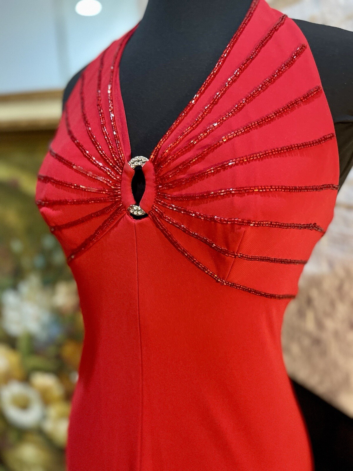 VTG De Laru Y2K Sexy Red Halter Dress Beading Rhinestone Size 8 A Line