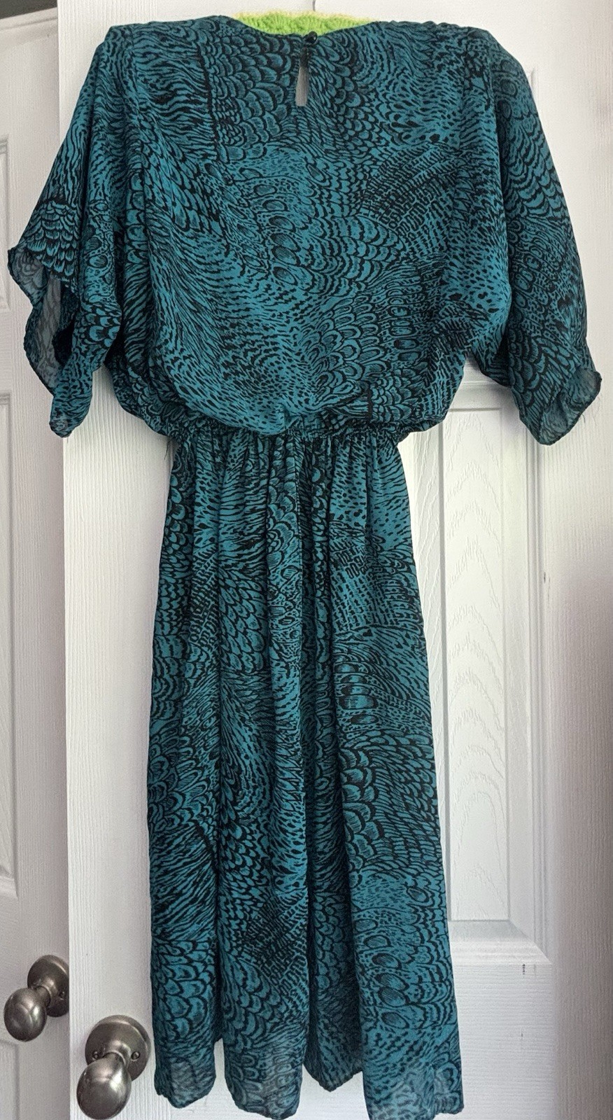 Vtg POSITIVE ATTITUDE 80’s Dress Teal W/ Black Feather Print Shoulder Pads Sheer