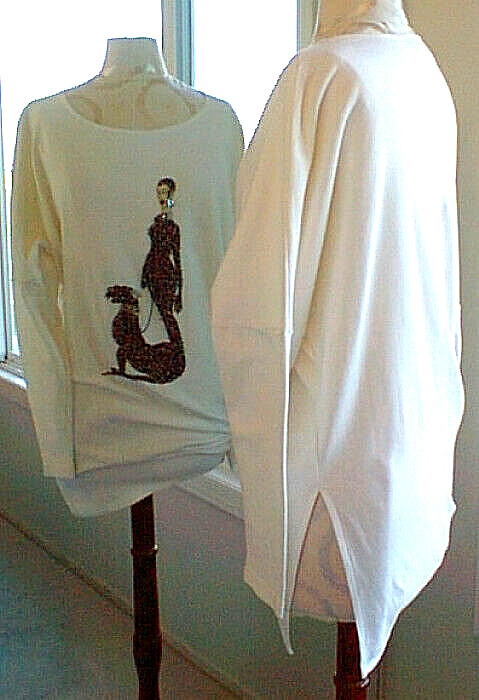 VTG Molto Fino Long Sleeve Cotton Tunic Top Beads Jewels Girl w/ Dog Sz M Plus