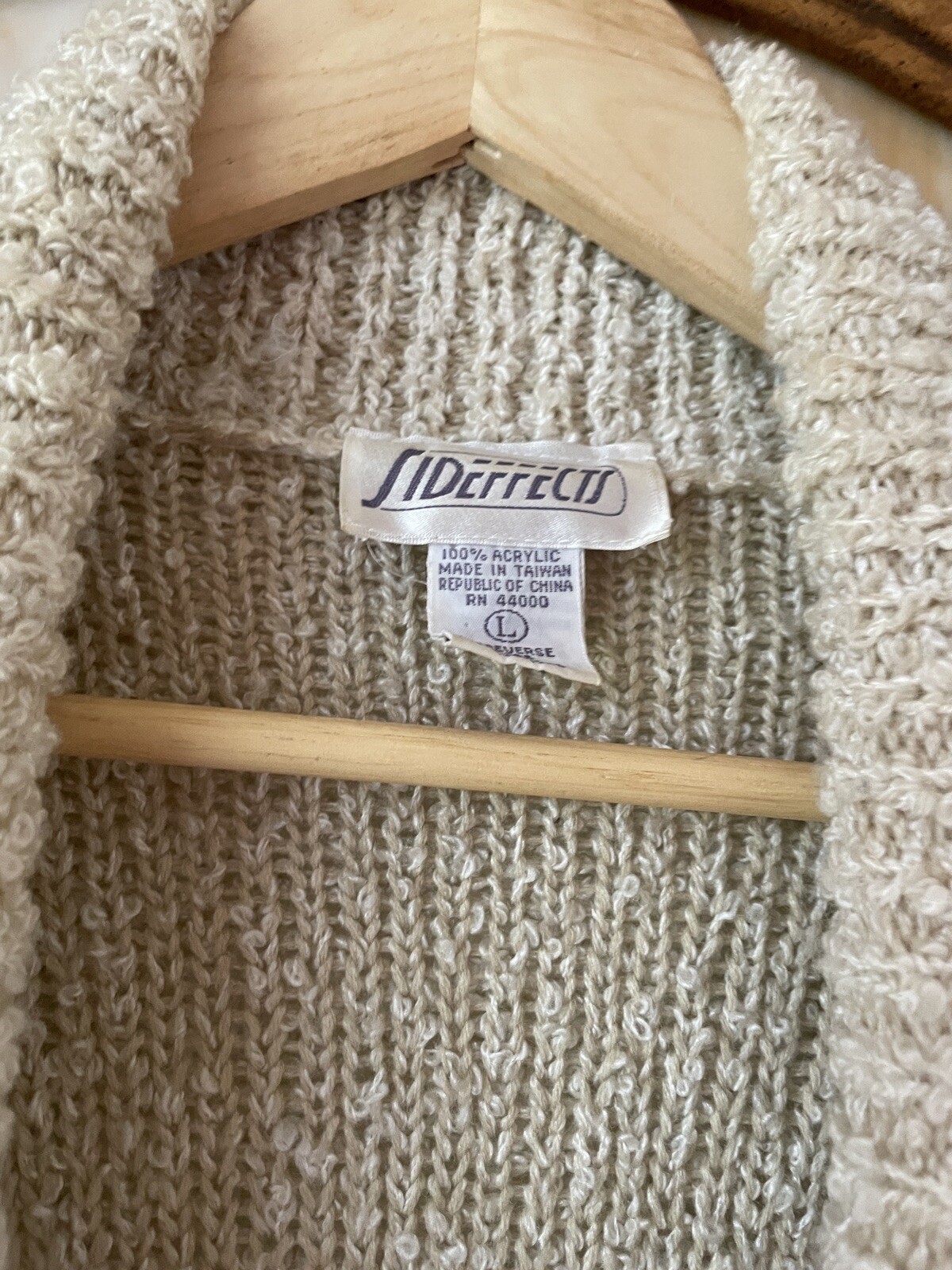 90s Vintage Acrylic Knit Light Beige Pockets Open Front Sweater Jacket L/XL
