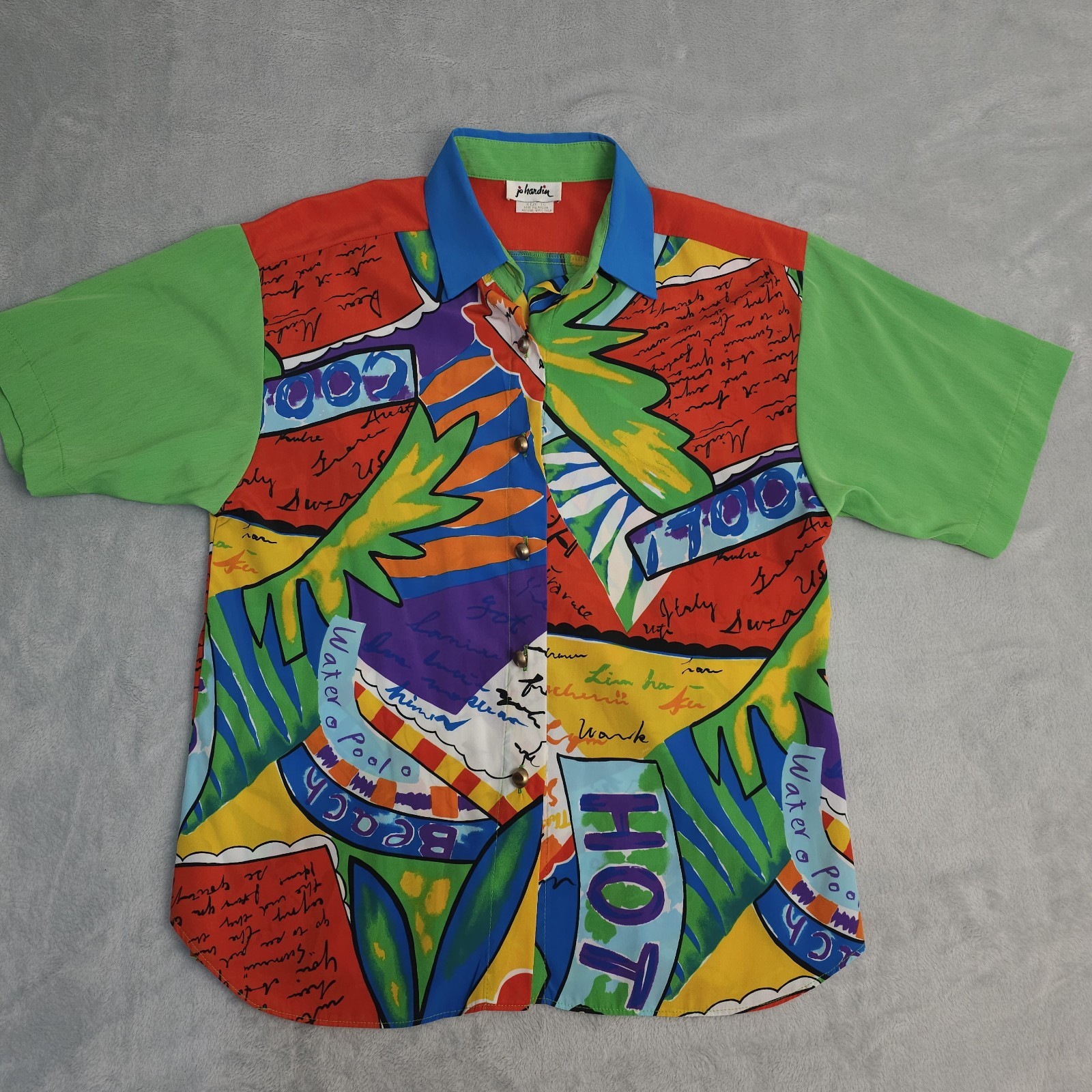 Vtg Bold Colorful Blouse 1980s Travel Novelty Print USA Med Lrg Big Button Silky