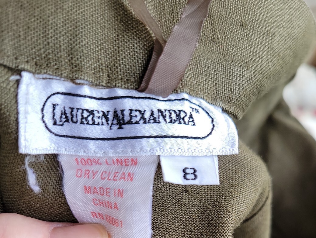 Vintag Lauren Alexandra Sz 8 Olive 100% Linen High Rise Pleated Tapered Trouser
