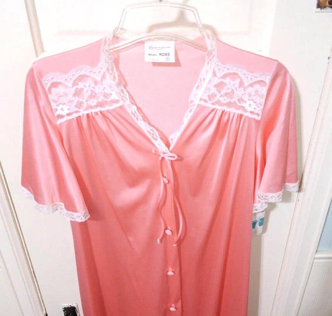 NEW VTG JC Penney SILKY Button Robe Housecoat Petite S M L Night Blossom Peach