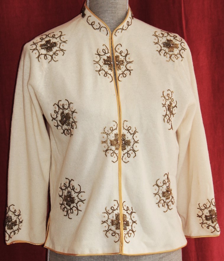 Vtg 60s Beaded Sweater Cardigan Mandarin Collar sz 4 Ivory Gold Bronze has flaws