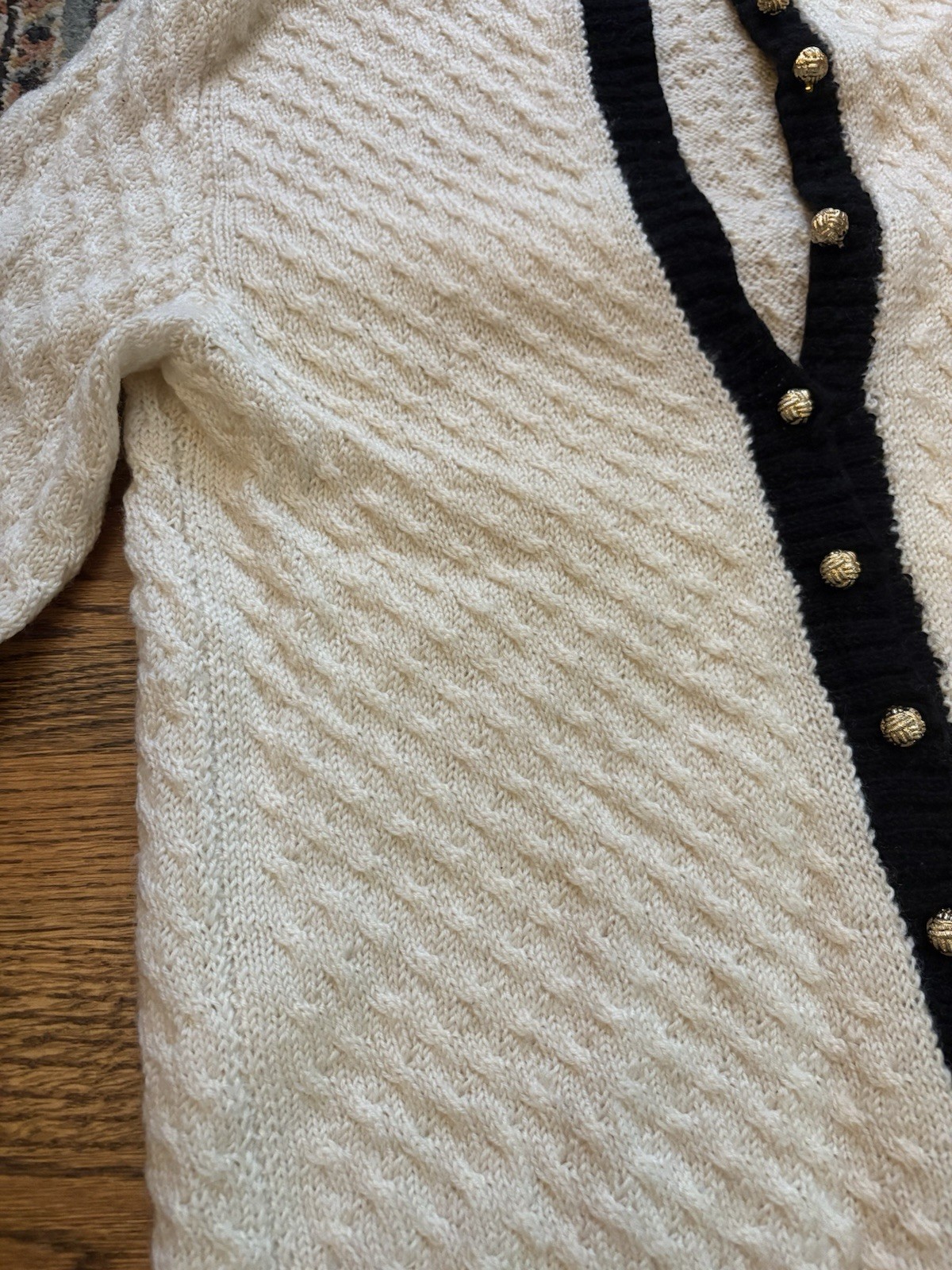 Vintage Wool Blend Knit Cardigan With Gold Buttons White And Black