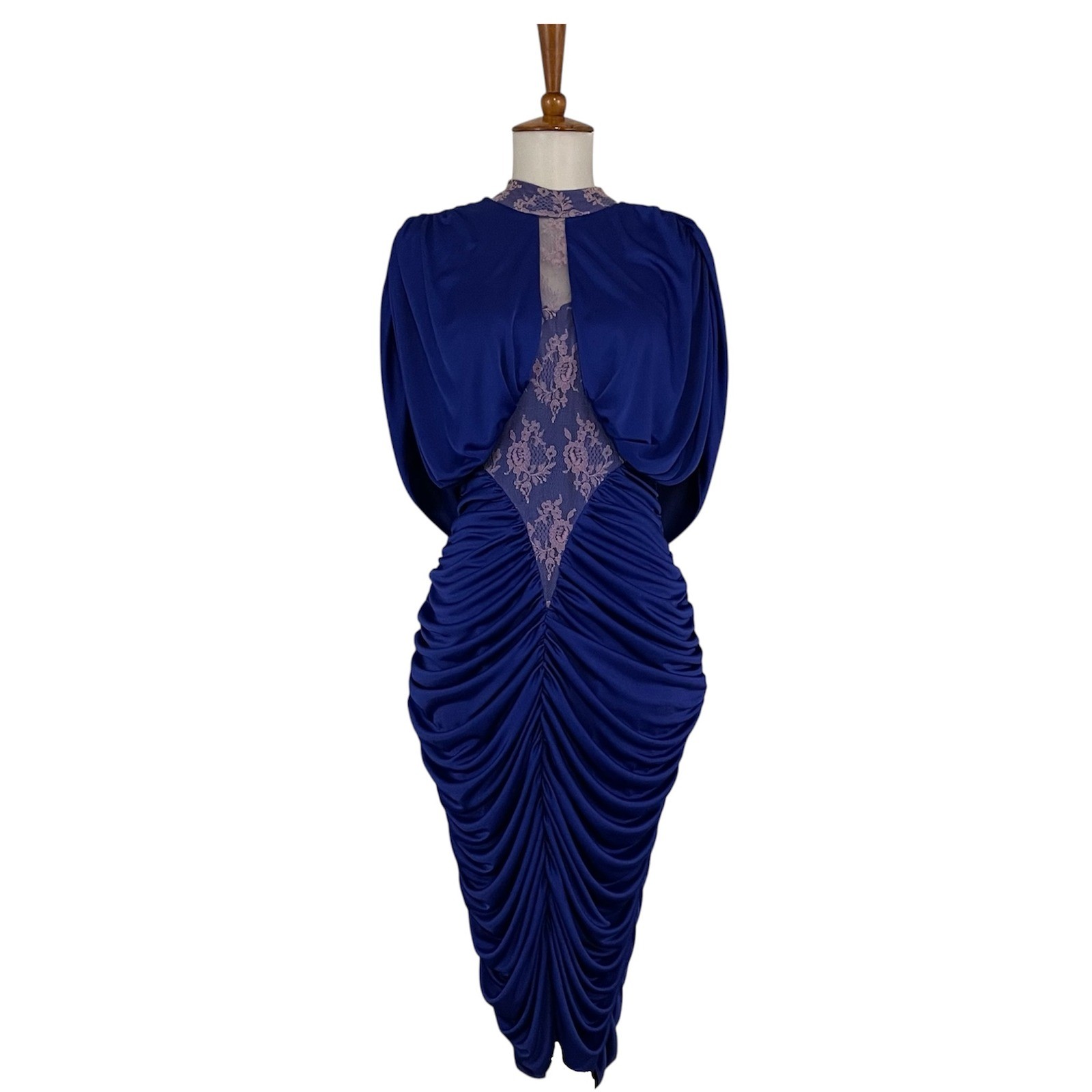 Vintage 80s Ruched Midi Dress Women’s M Dolman Batwing Retro Glam Evening Wear