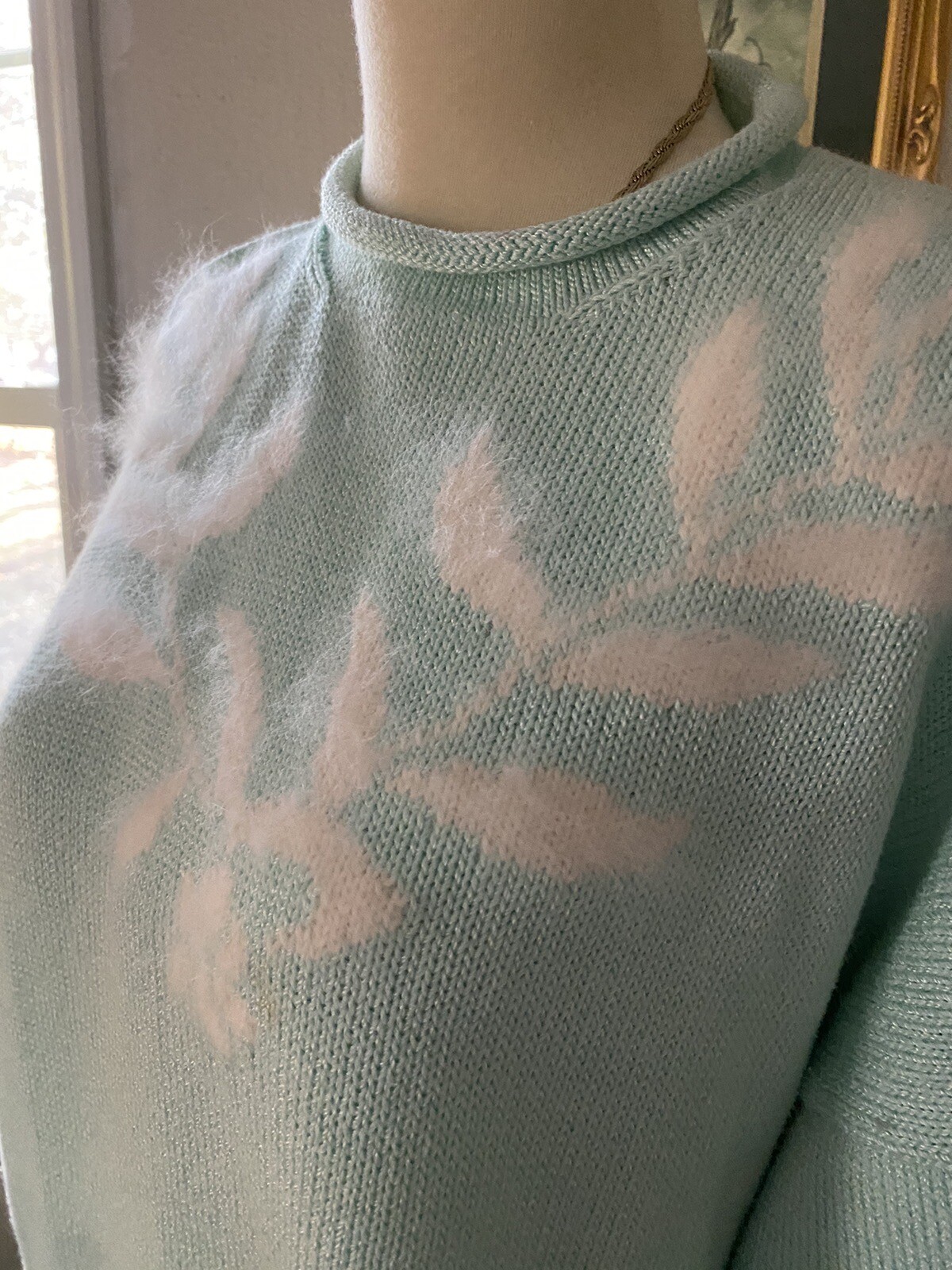 1980s Aqua Blue Teal Knit Sweater With Angora Leaves