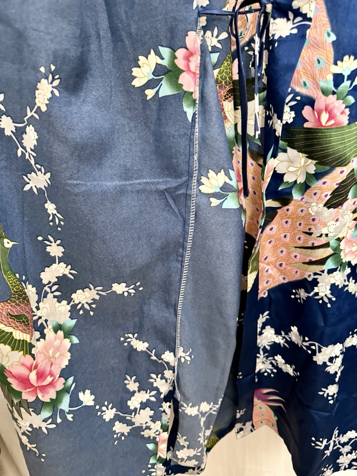 VTG 90s Silk Peacock Kimono Robe Blue Floral Statement Boho Lagenlook Luxe