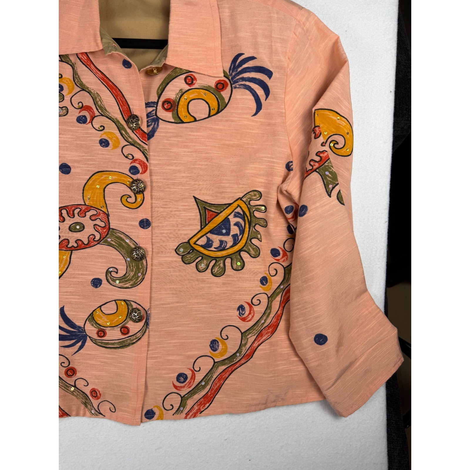 Vintage Alex Kim Silk Jacket Salmon peach Abstract Hand Painted Sequin Large