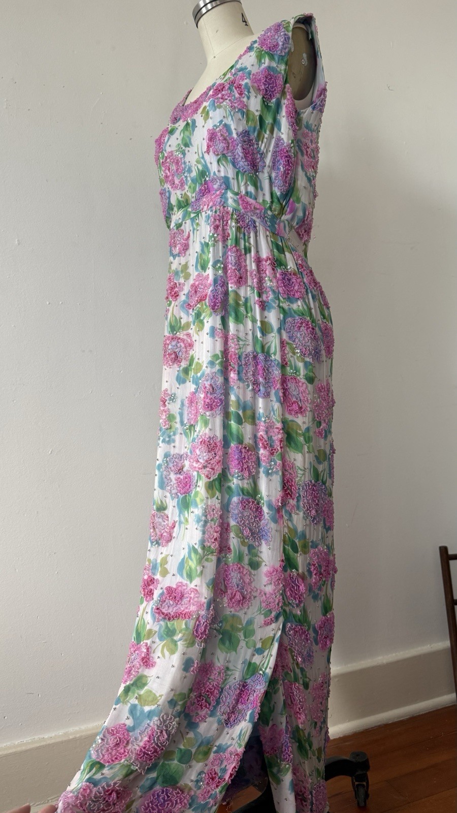Vintage 1950s 60s Rare Designer Sara Fredericks Hand Beaded Chiffon Evening Gown