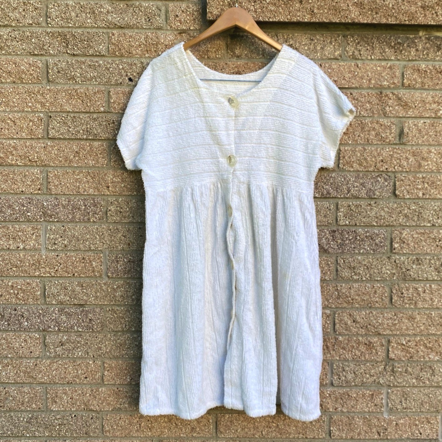 Vintage Terry Cloth Button White Cover Up Mini Dress Medium Coastal Beach Retro