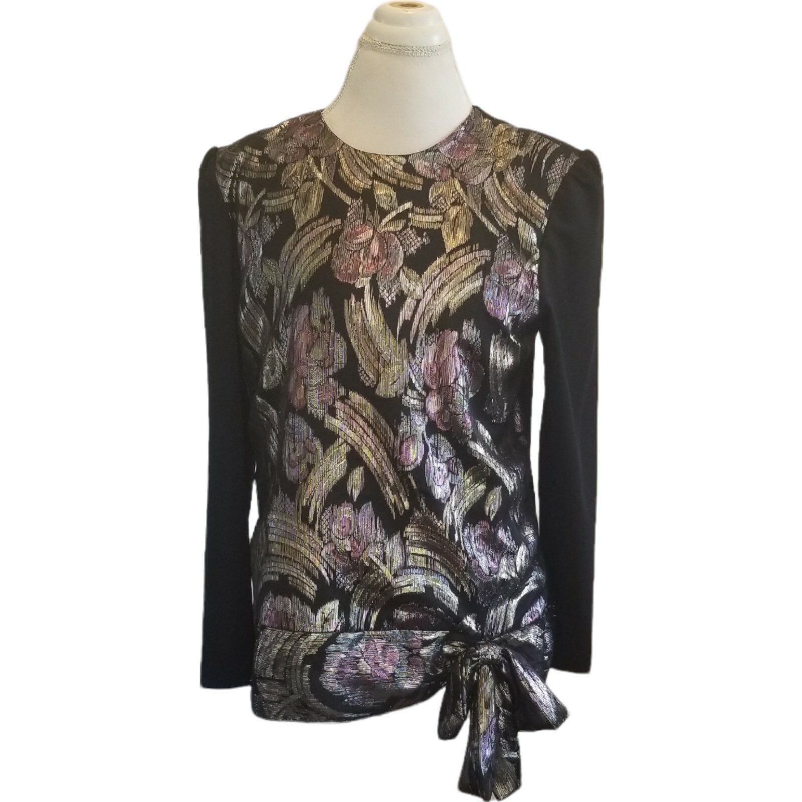 Vintage 80s Black Floral Metallic Longsleeve Blouse Waist Bow Gold Pink Sz M