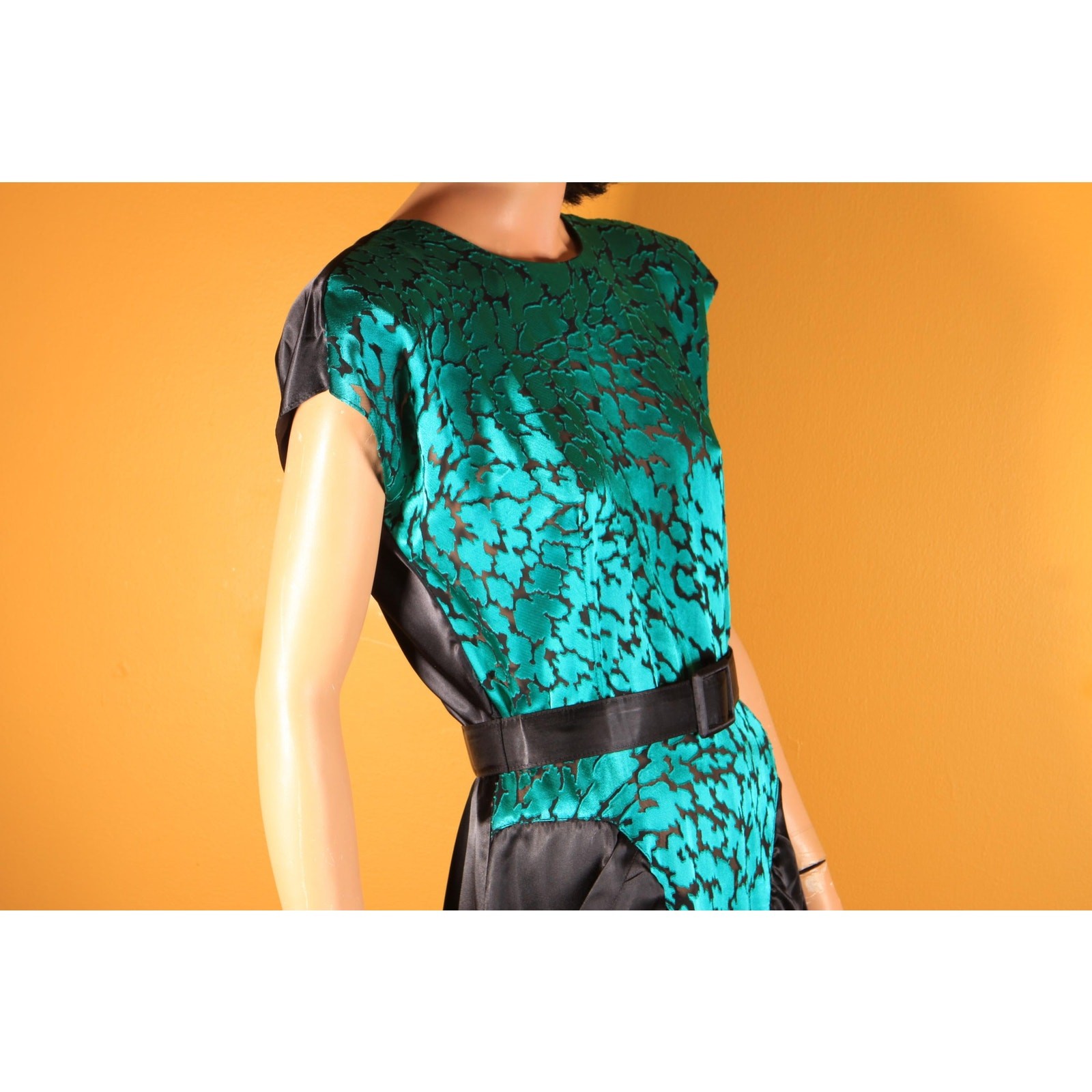 1980s Does 1940s Style Teal and Black Sheer Cocktail Dress by Diamond’s Run -L