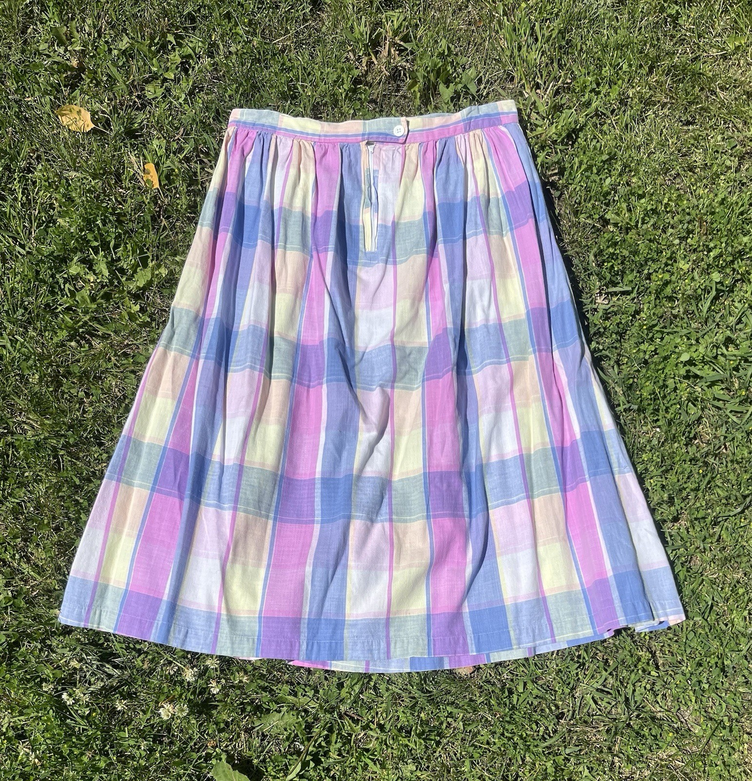 Vintage 1980s E.V. Ltd. Woven Cotton Pastel Plaid Midi Skirt Size L w/ Pockets