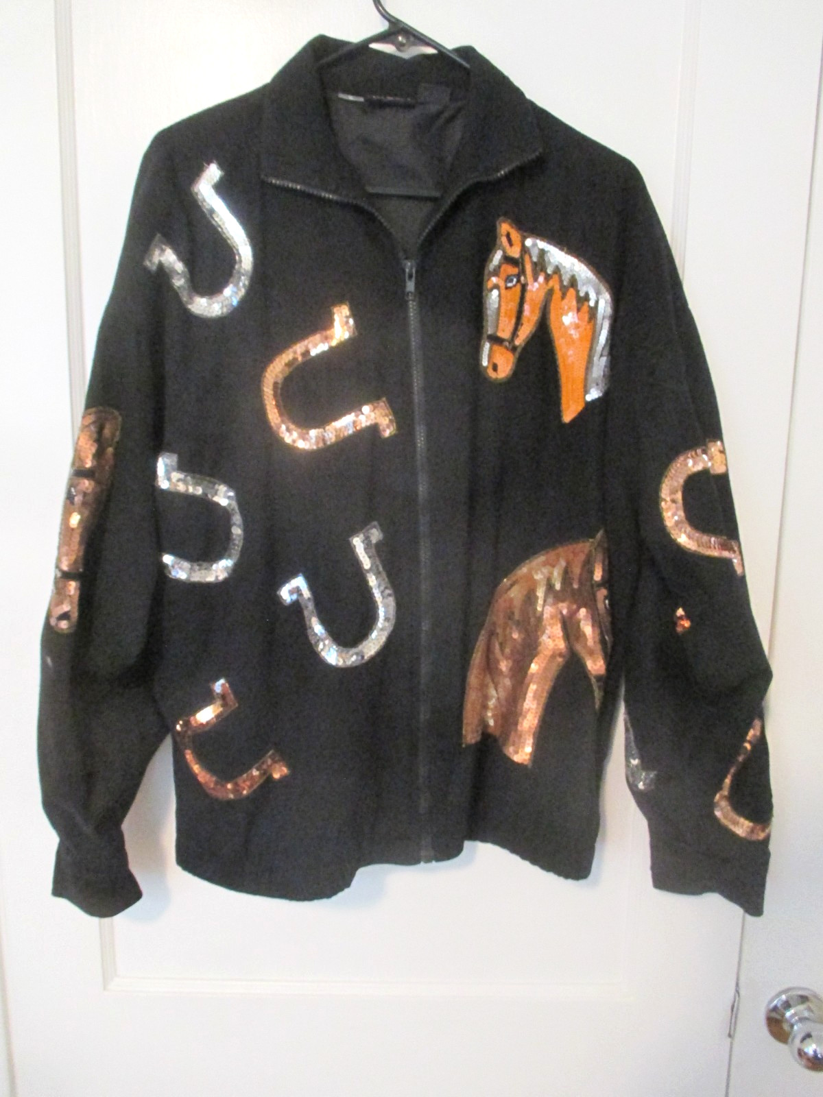 VTG MODI DENIM SEQUIN WESTERN HORSE HORSESHOES EQUESTRIAN WOMENS JACKET SML 6-8