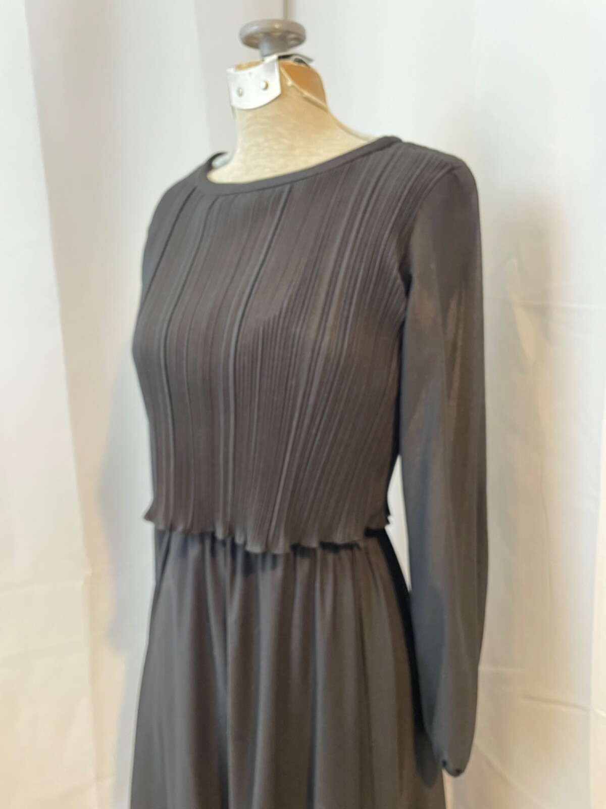 1970s Vintage Sheer Black Dress Pleated Lettuce Ruffle Hem Puff Sleeves M