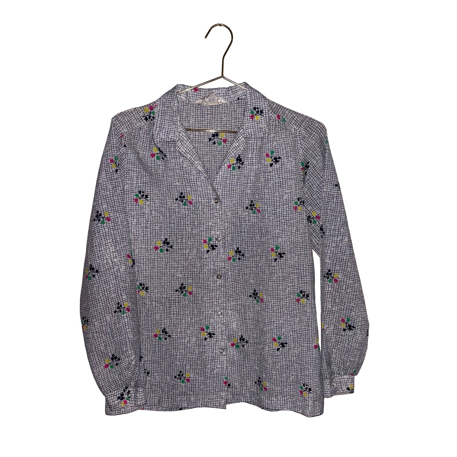 Vintage White Floral Grid Print Button Down Blouse Long Sleeve Collar P2P 21″