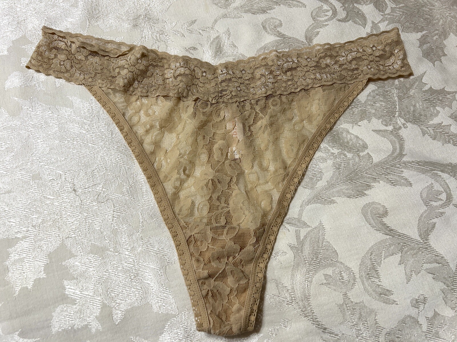 Vtg CACIQUE Floral Lace Mesh 2″ Waistband 18/20 Beige Thong Panties #81