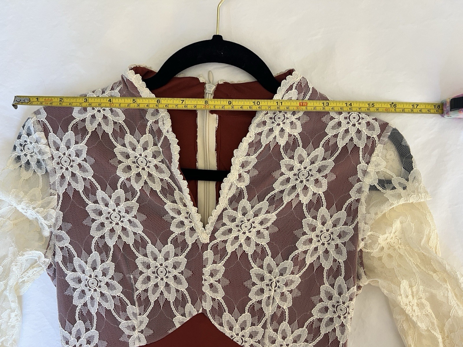 Handmade Vintage Dress 70s Cream Lace Rust Burgundy Gown Maxi Long Sleeve S/M
