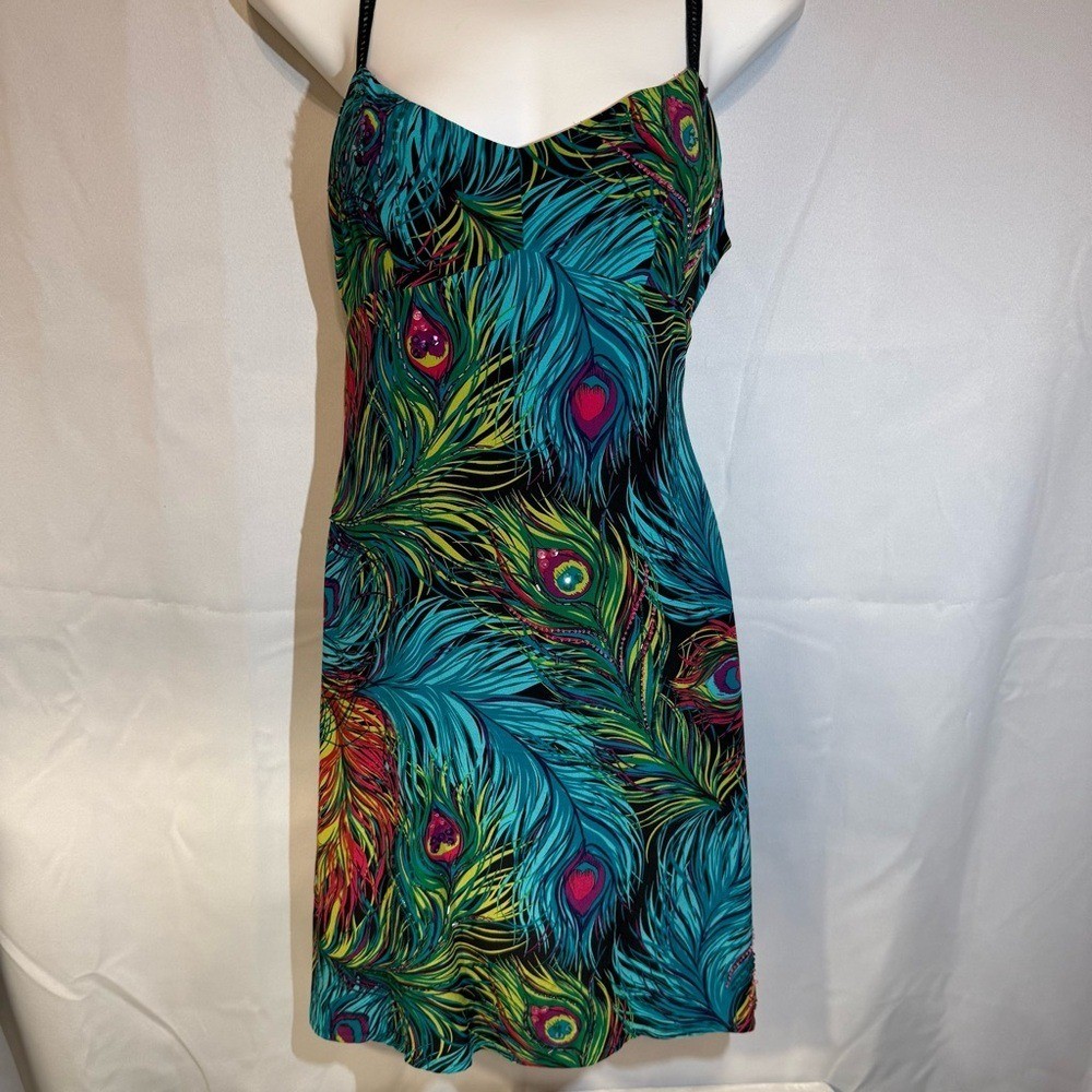 Nanette Lepore 100% Silk Peacock Feather Beaded Slip Dress Y2K Size 4 Rare