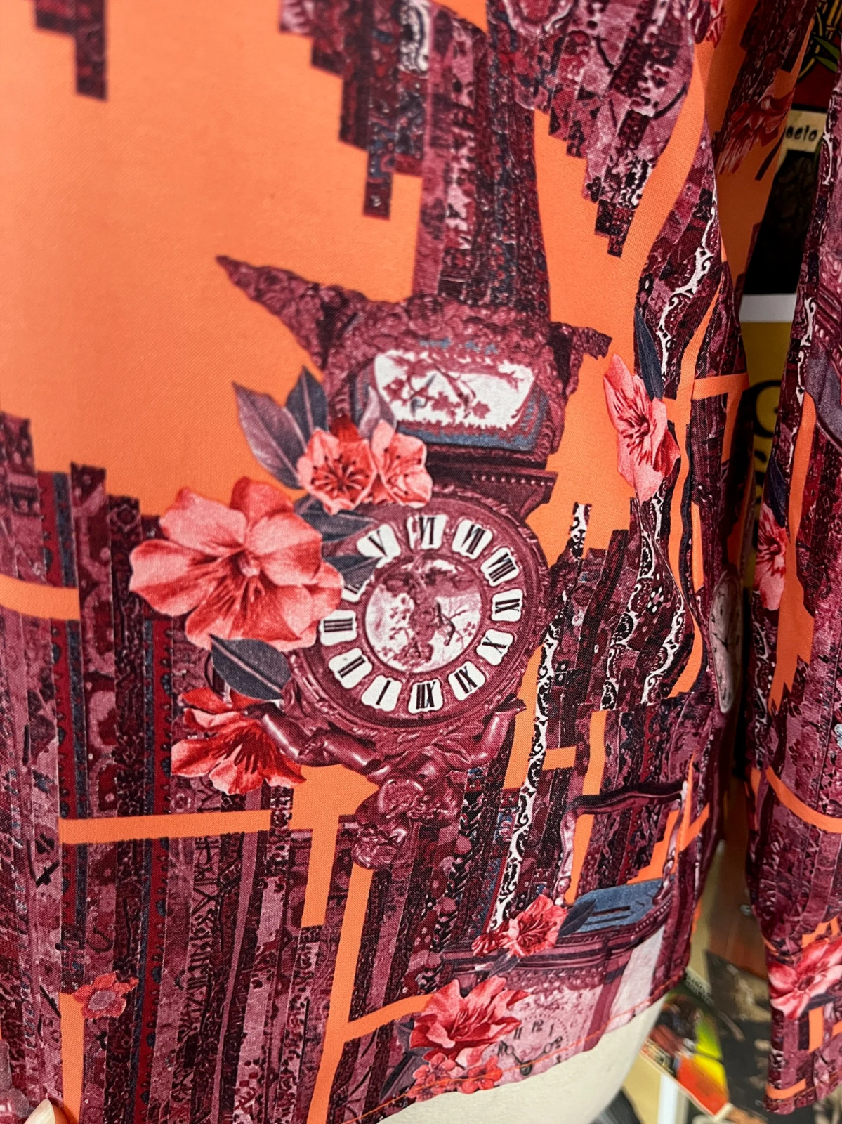 Vtg 60s-70s Gino Rossi Chinoiserie Baroque Clocks Novelty Print Blouse XS Disco