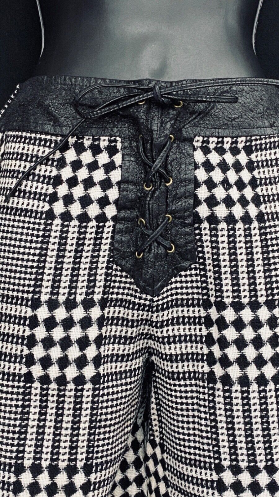 Vintage 1970s black white plaid gaucho pants, wide leg palazzo capri corset tie