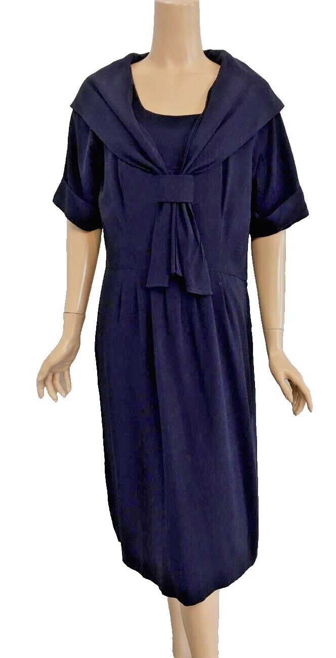 Vintage Paul Sachs Original Navy Blue Shawl Draped Collar Tie Neck Dress 1940’s