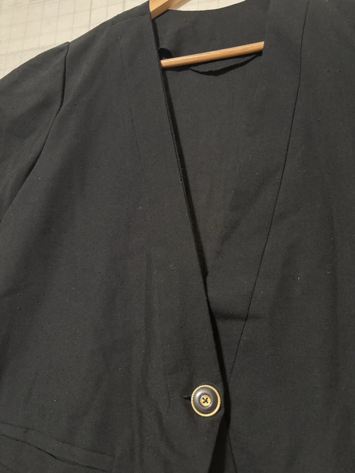 Womens Vintage One Button Padded Shoulder Blazer Black Size Large Linen