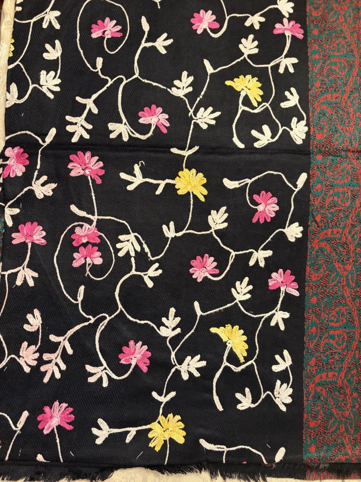 Vintage Kashmiri Jamawar Shawl 100% Pure Wool Black Floral Embroidered Wrap