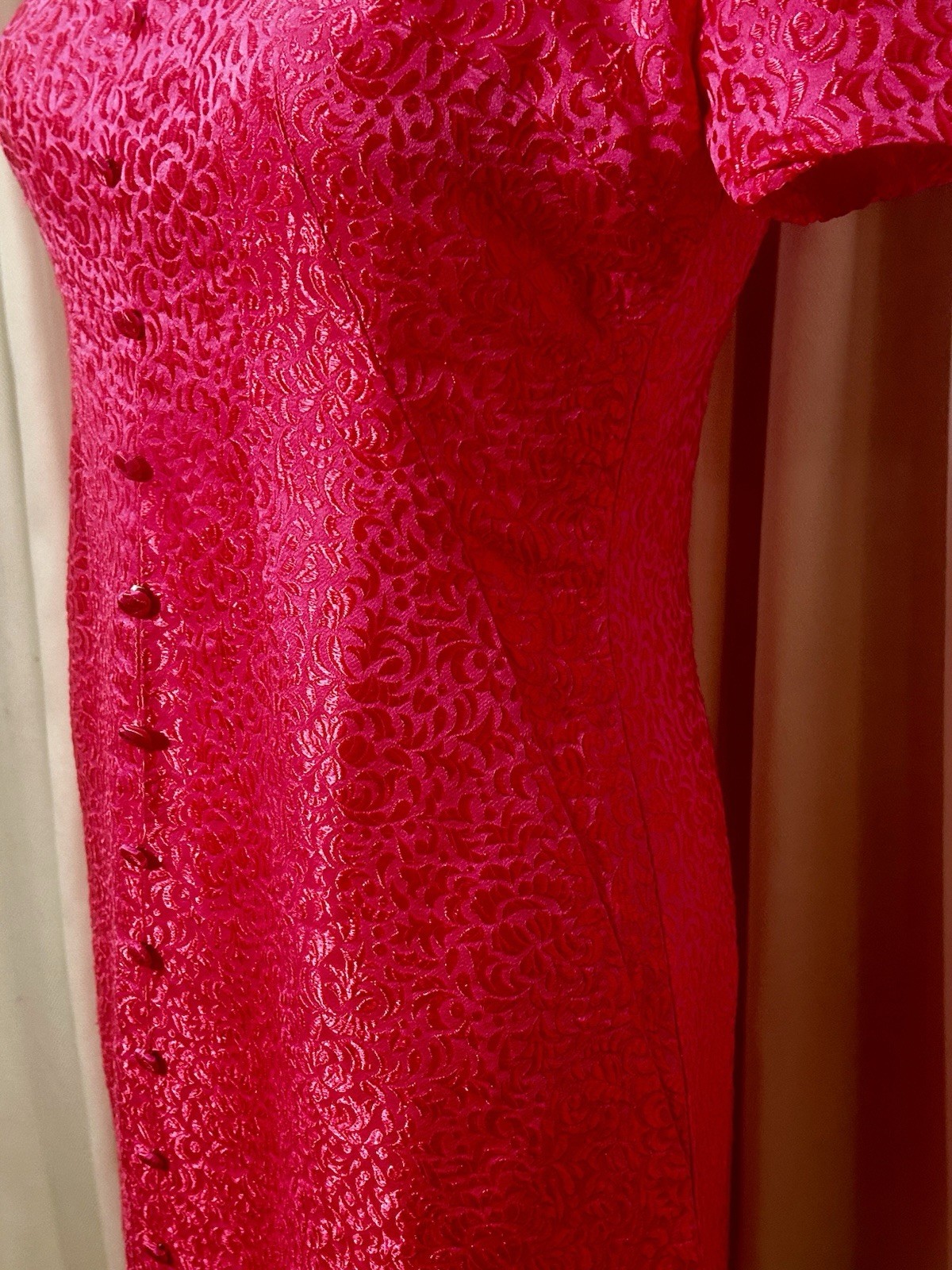 Vtg 50s 60s Handmade Hot Pink Jacquard Mod Go Go Cocktail Shift Mini Dress SZ S