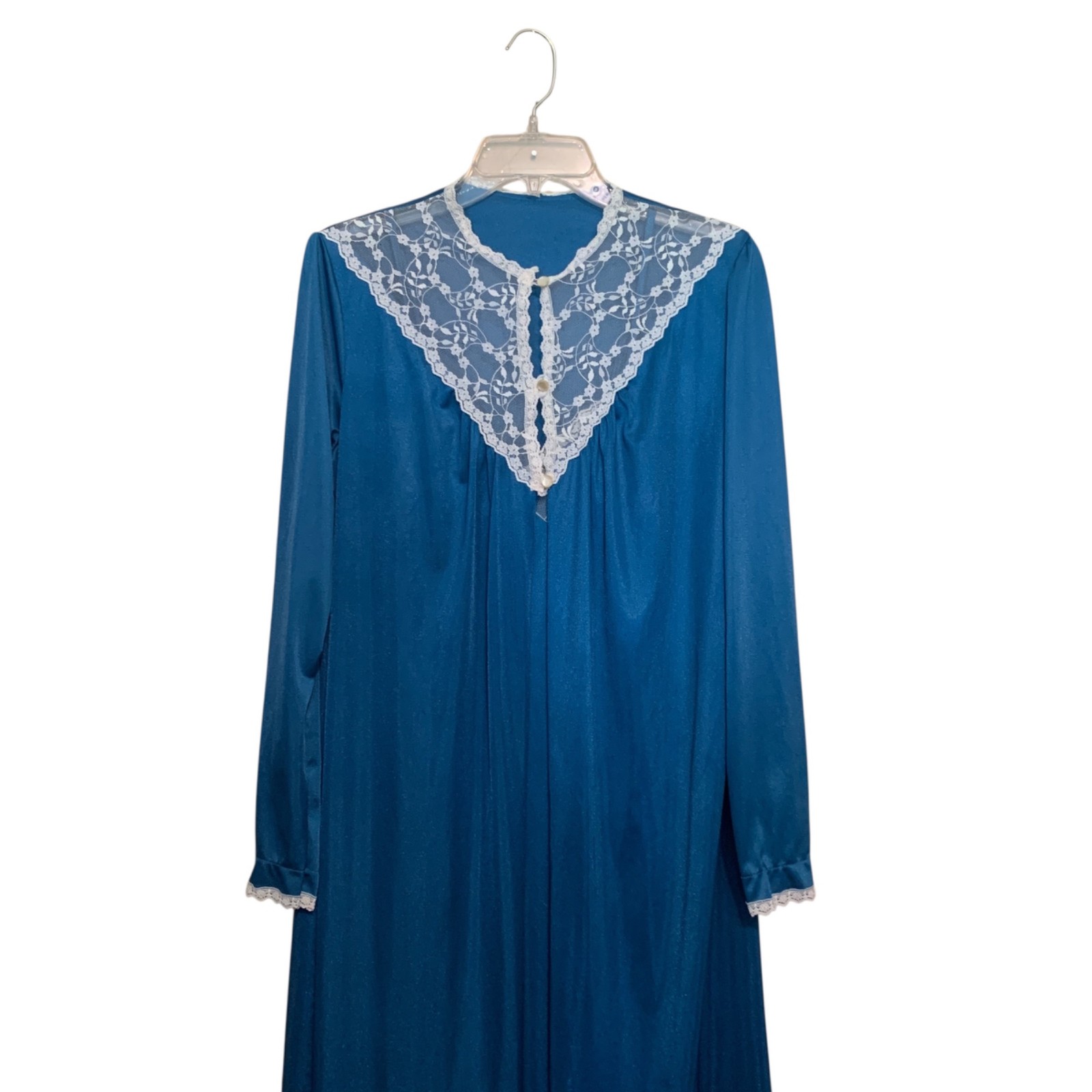 Vintage Stardust Long Teal Nightgown & Robe Set Lace Trim Modest 100% Nylon Sz M