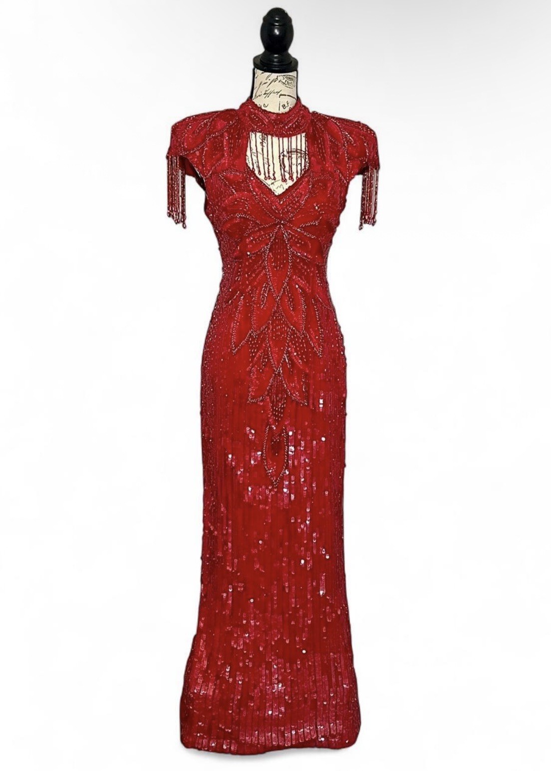 Vintage RARE 1980s Silk Heavily Beaded Sequin Dress Prom Pageant Gown Sz L