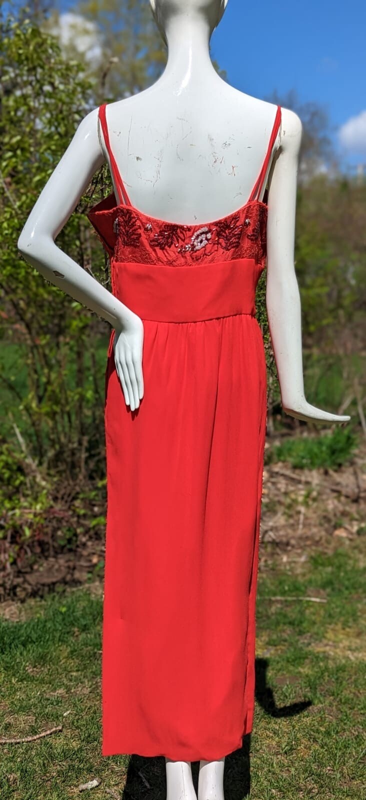 VINTAGE 1940’S LIPSTICK RED BEADED CREPE LONG DRESS 