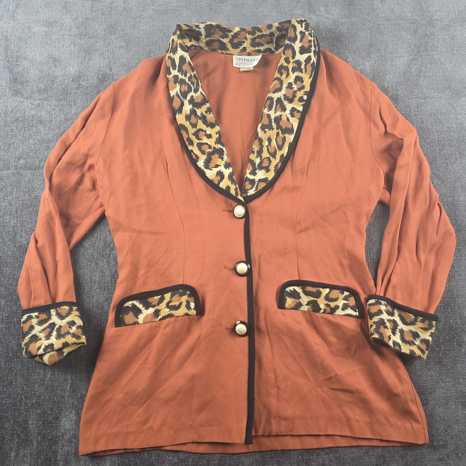 Vtg 70s 80s Womens Blazer Large Leopard Print Pearl Button Rayon Orange Made USA