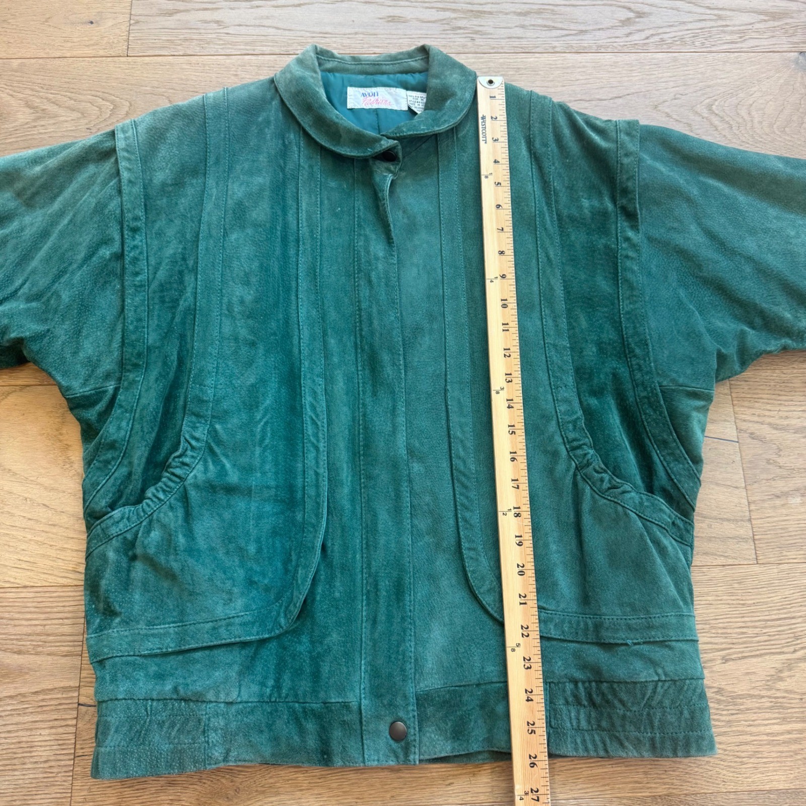 Vintage Avon Fashions Teal Green Suede Leather Bomber Jacket 80s Dolman Sleeve M