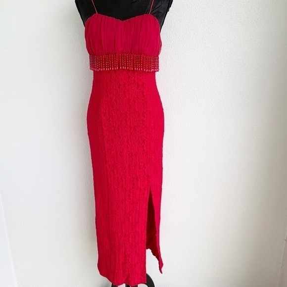 Vintage 90s Speed Fashion Beaded Maxi Gown Dress Women M Red USA 1032-K