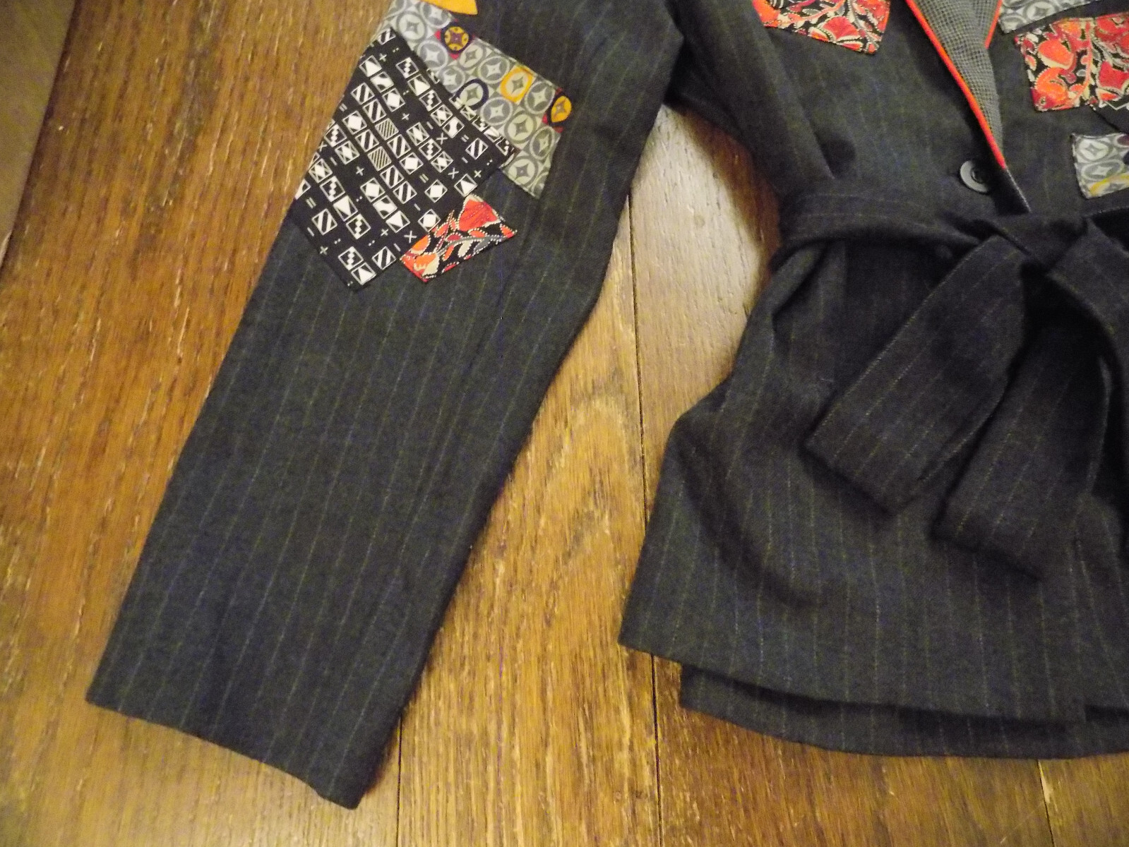 Vtg Canvasbacks Art to Wear Patchwork Blazer Pinstripe Gray Belt Suit Jacket XS