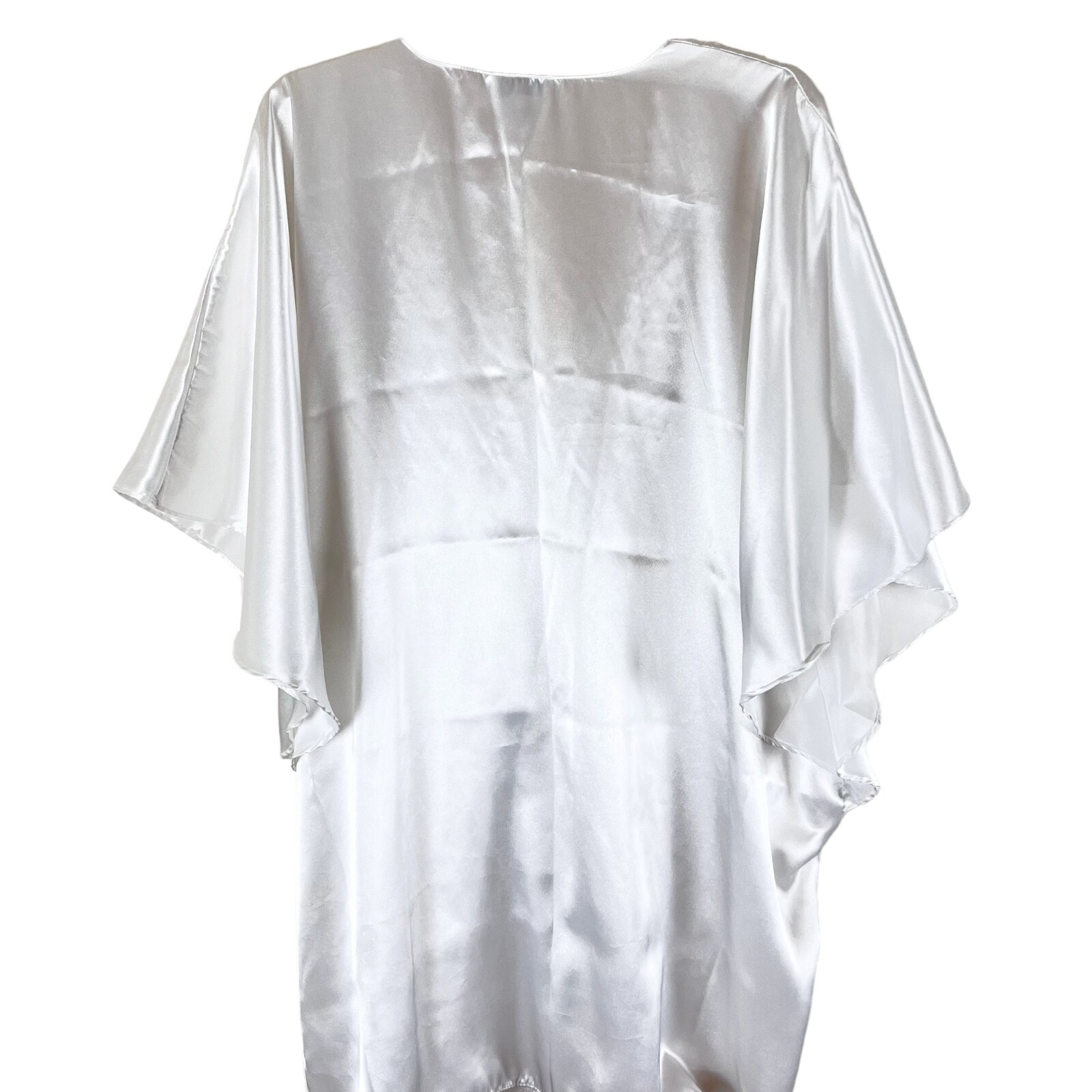 Vtg Go Softly Kimono S/S Mini Satin Robe Tie Front Embroidered Neck White, L