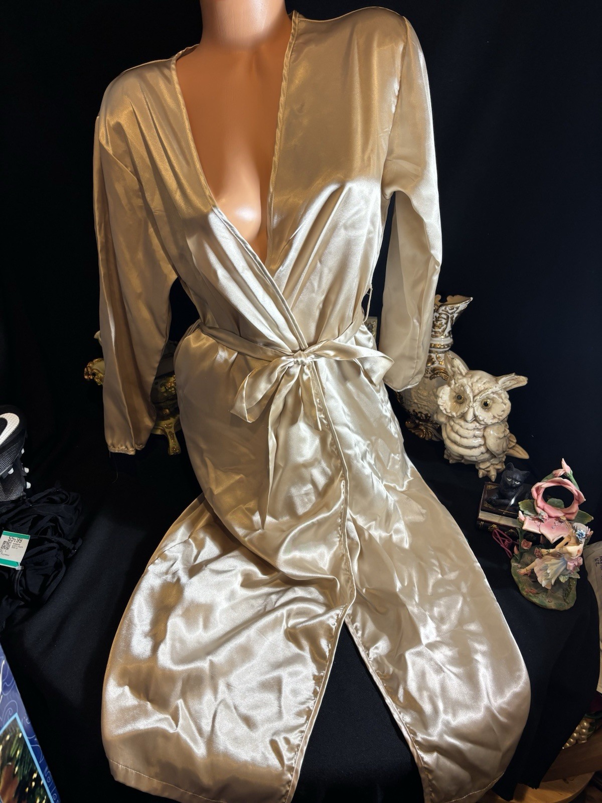 Vtg Soft Satin Nightie Long Dressing gown Soft Nightie Frilly Dress Robe Gold