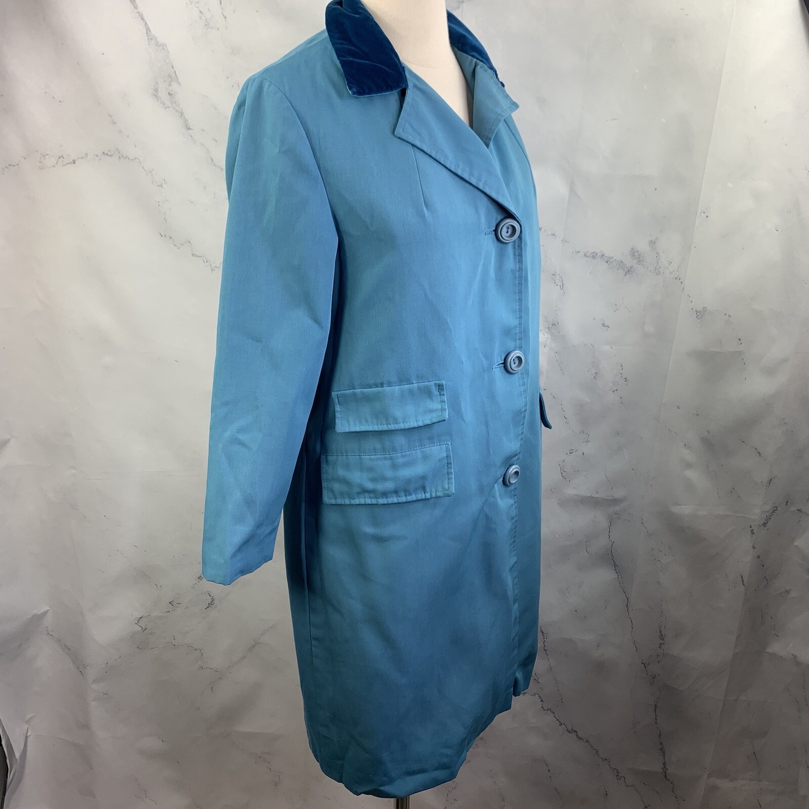 Vintage 60s Sears MOD Trench Coat Womens S Blue Velvet Collar Retro Spy Jacket