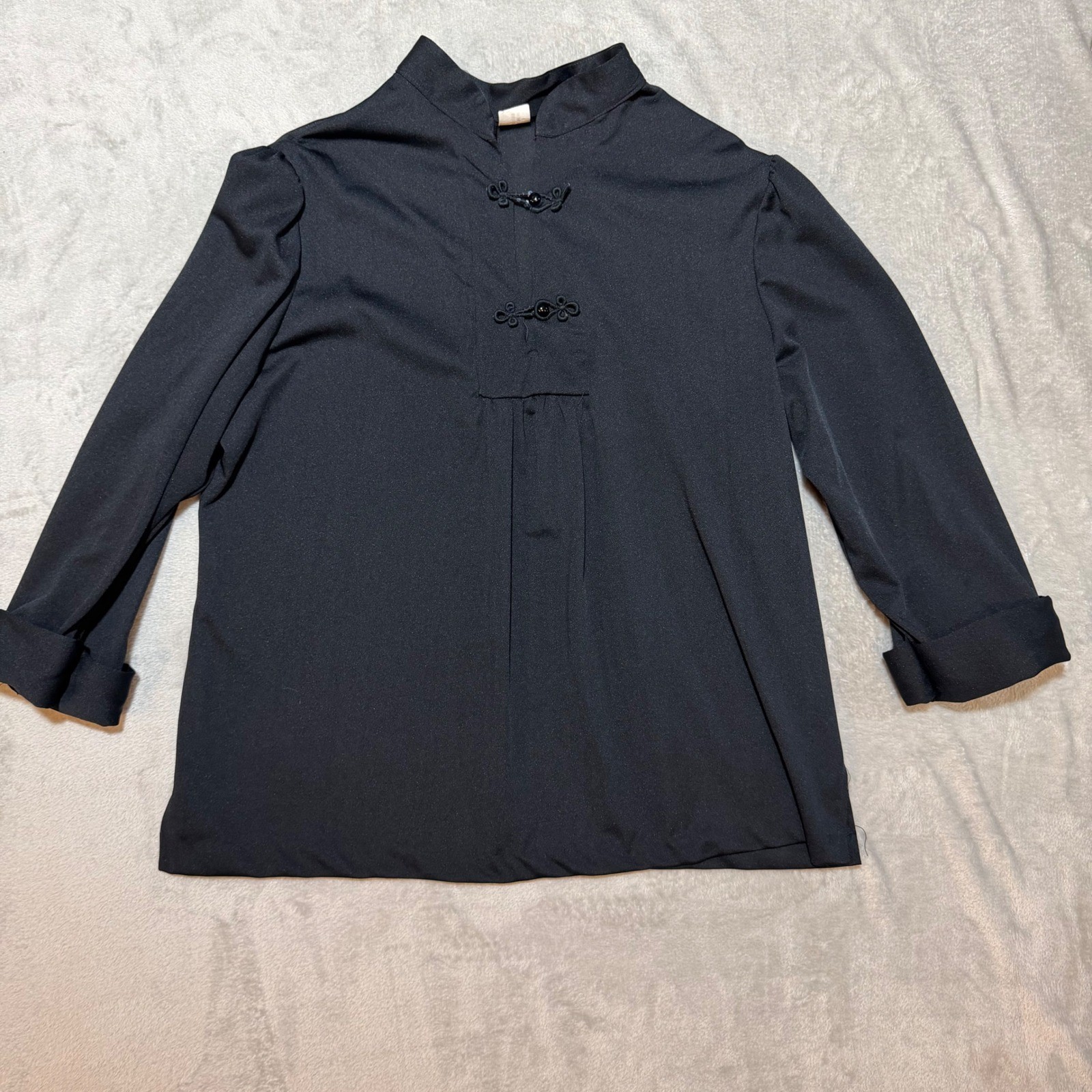 Vintage Black Mandarin Collar Blouse Frog Button 3/4 Sleeve Knit Top 70s 80s