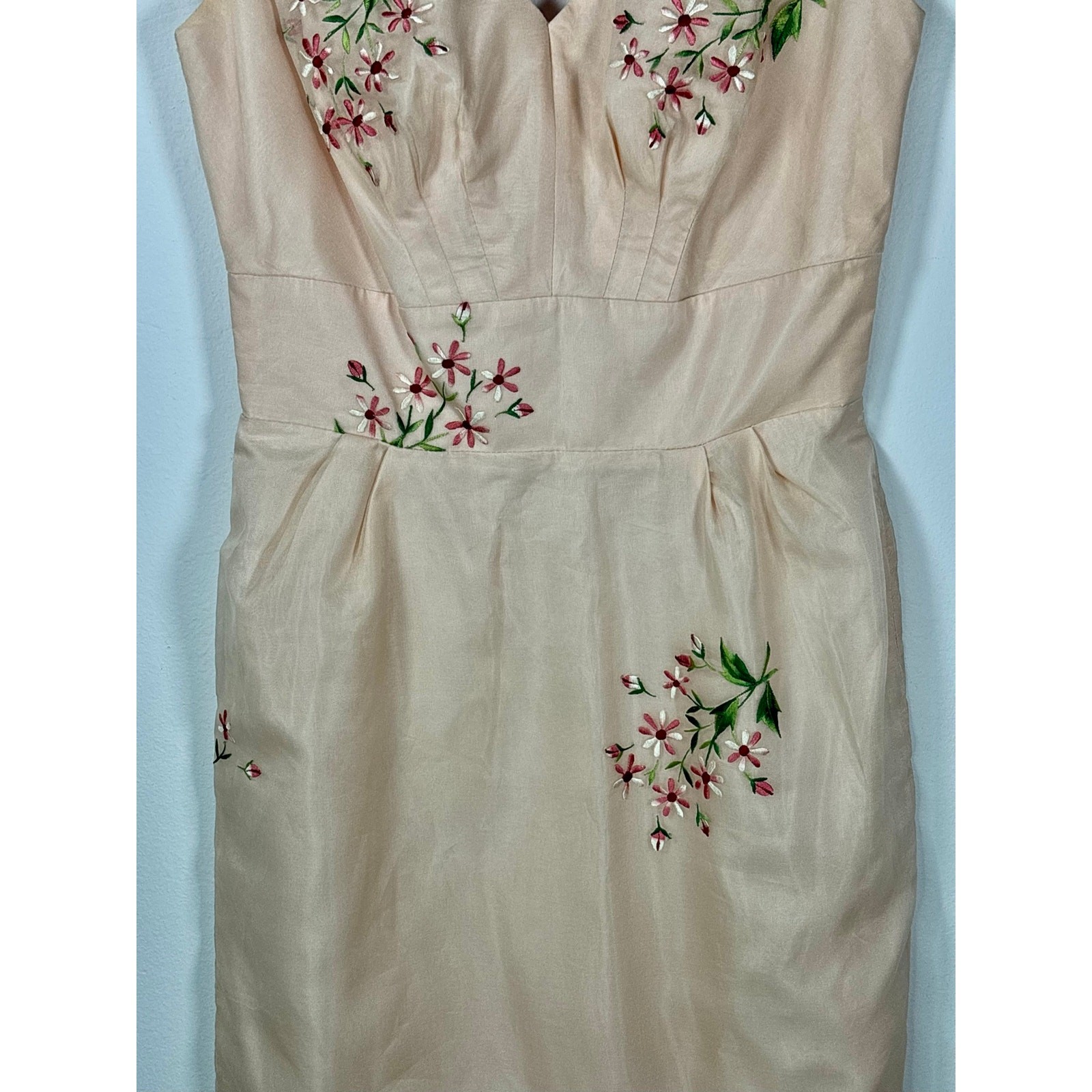 1960s Lilli Diamond Pink Silk Chiffon Embroidered Wiggle Dress As Is