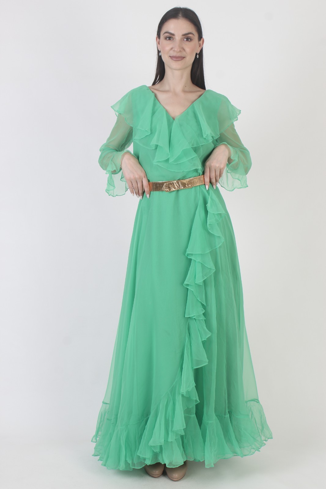 Vtg Green Chiffon Dress Cocktail Party Disco Sexy Grecian Goddess Lounge Maxi